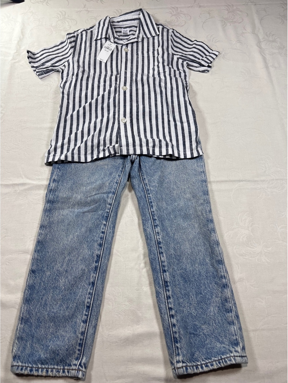 GAP Boys Outfit New Linen Blend White/Blue Button Up Straight Jeans Size 4/5T